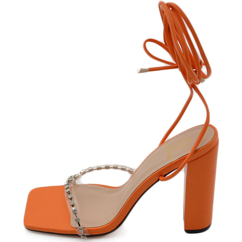Malu Shoes Sandalo donna gioiello open toe arancione intrecciato tacco doppio 10 strass luccicanti cerimonia lacci alla caviglia
