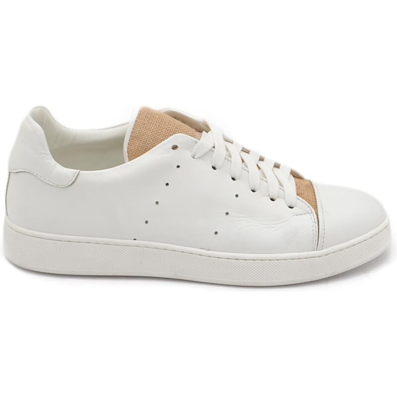 Malu Shoes Scarpa sneakers bianco con linguetta beige uomo basic vera pelle lacci comodo fondo in gomma bianco basso sportiva