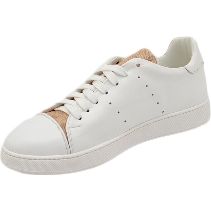 Malu Shoes Scarpa sneakers bianco con linguetta beige uomo basic vera pelle lacci comodo fondo in gomma bianco basso sportiva