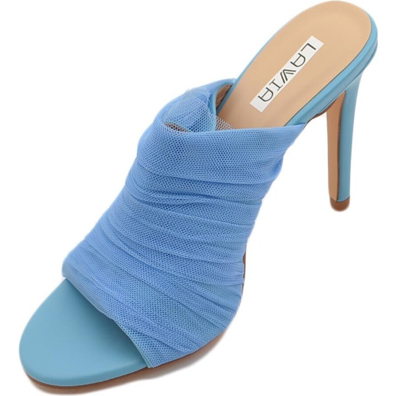 Malu Shoes Sandali donna mules pantofole in tessuto plissettato tulle azzurro e tacco sottile 12 cm moda tendenza