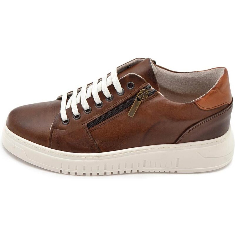 Malu Shoes Sneakers uomo bassa vera pelle marrone fortino cuoio zip fondo alto gomma 4,5 bianco moda comode fatte a mano in italia