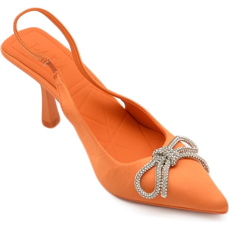 Malu Shoes Decollete' donna gioiello elegante fiocco strass in raso arancione tacco a spillo 80 cinturino alla caviglia fisso moda