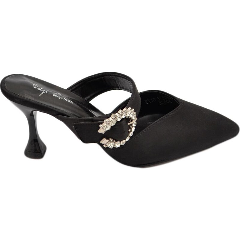 Malu Shoes Decollete' donna tacco sottile 8 comfort nero in raso open toe con accessorio argento morbido moda glamour evento