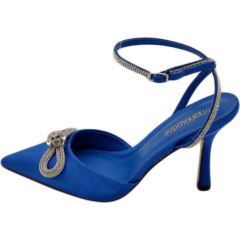 Malu Shoes Decollete' donna gioiello elegante fiocco strass in raso blu Royal tacco a spillo 120 e cinturino scintillante moda
