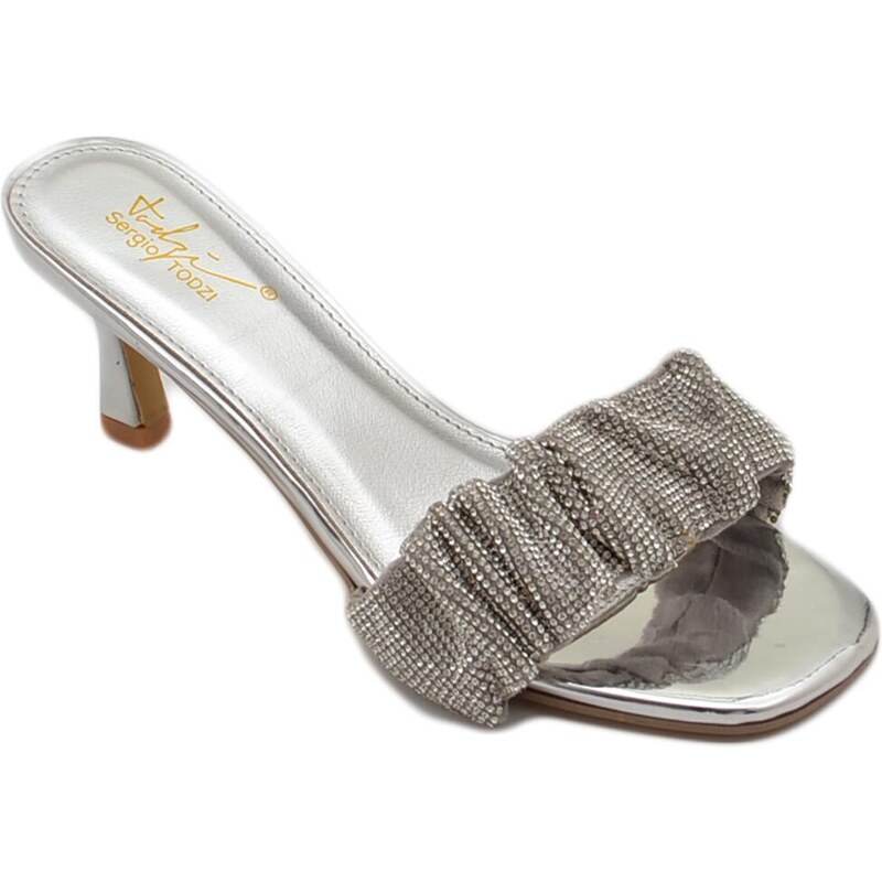 Malu Shoes Sandalo gioiello argento donna tacco sottile 7 cm fascia arricciata di strass luccicanti cerimonia evento open toe
