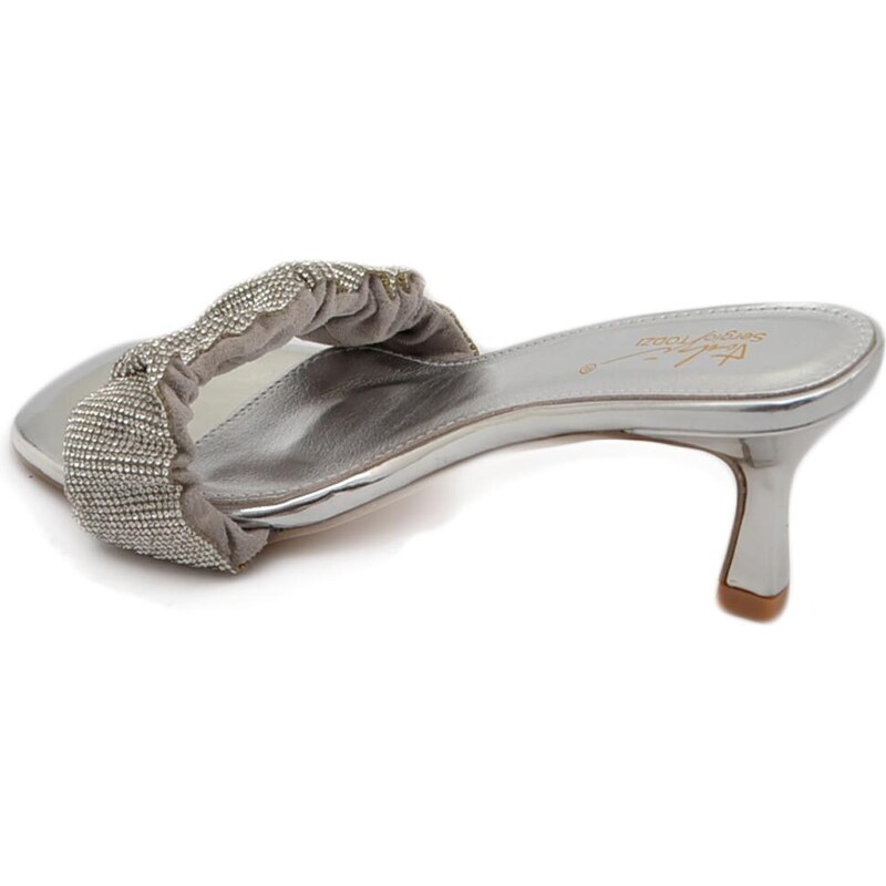 Malu Shoes Sandalo gioiello argento donna tacco sottile 7 cm fascia arricciata di strass luccicanti cerimonia evento open toe