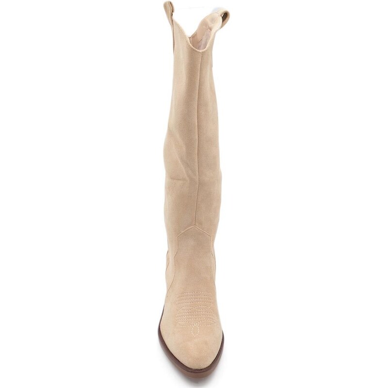 Malu Shoes Stivali camperos donna in camoscio beige chiaro altezza ginocchio lisci tacco Texano 5 cm con zip