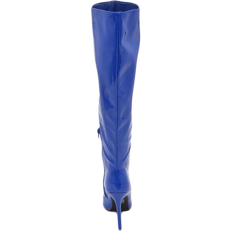 Malu Shoes Stivale alto donna blu in ecopelle lucida effetto calzino con tacco a spillo sottile 12cm aderente con zip e punta moda