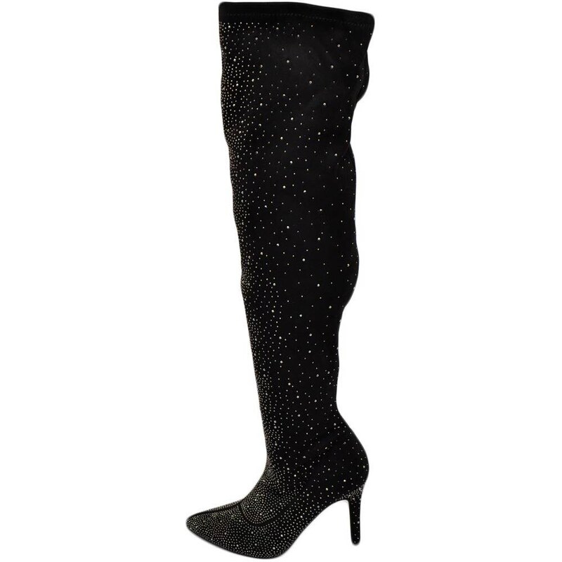 Malu Shoes Stivale donna a punta alto sopra al ginocchio camoscio nero ricoperto di strass tacco a spillo 12 cm aderente con zip