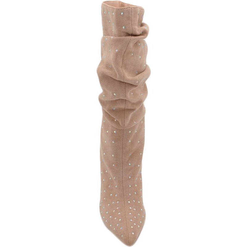 Malu Shoes Tronchetti donna a punta alto meta' polpaccio in camoscio beige ricoperto di strass tacco a spillo 12 cm morbido con zip