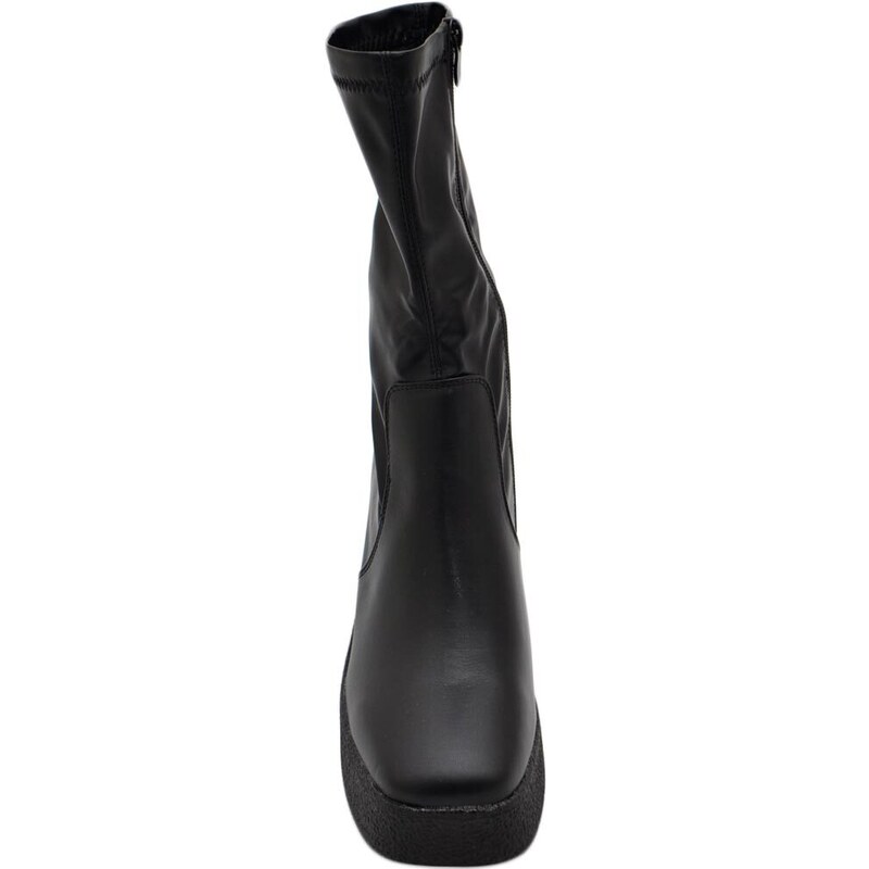 Malu Shoes Tronchetto donna stivale nero meta' polpaccio punta quadrata tacco doppio 6 cm plateau zeppa 2 cm zip effetto calzino