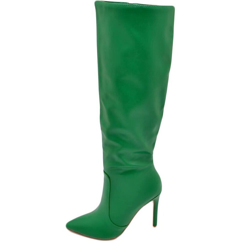 Malu Shoes Stivali alti donna al ginocchio in pelle verde bosco a punta tacco a spillo 12 cm zip lunga aderente moda linea Basic
