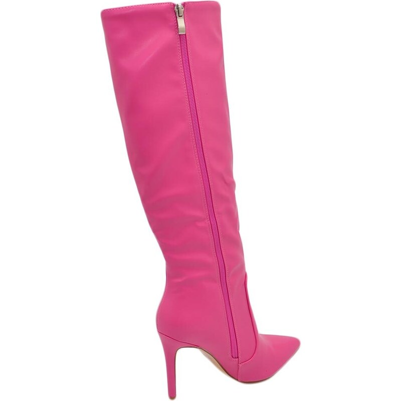 Malu Shoes Stivali alti donna al ginocchio in pelle rosa fucsia a punta tacco a spillo 12 cm zip lunga aderente moda linea Basic