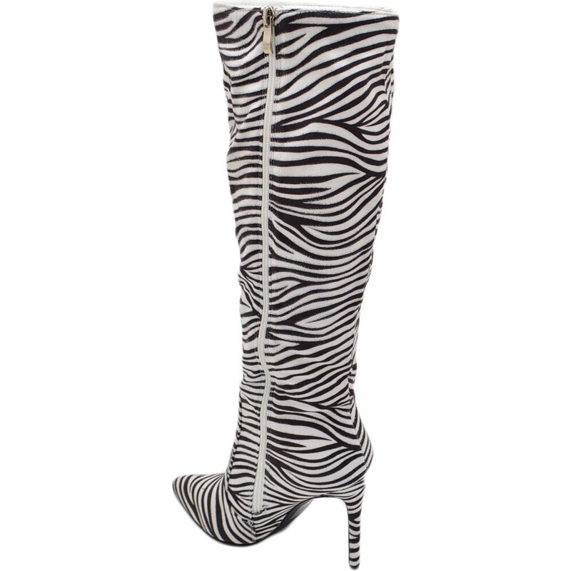 Malu Shoes Stivale alto donna in camoscio effetto zebrato con tacco a spillo 12 aderente con zip a punta sotto ginocchio