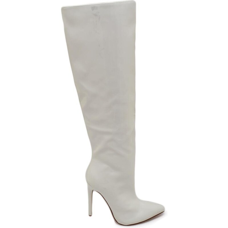 Malu Shoes Stivale alto donna bianco ecopelle lucida effetto calzino con tacco a spillo sottile 12cm aderente zip e punta moda