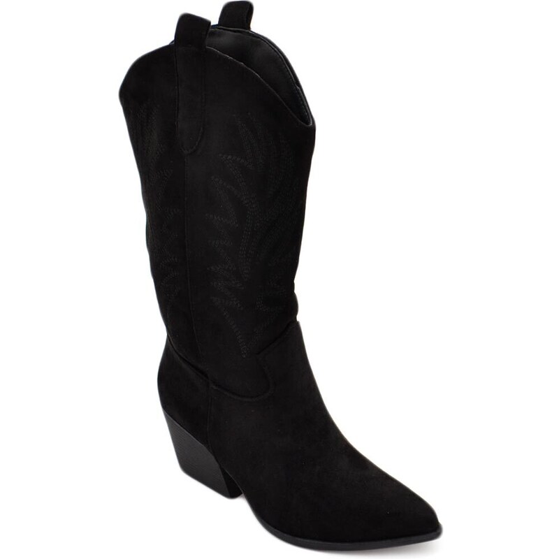 Malu Shoes Stivali donna camperos texani stile western nero fantasia laser su pelle scamosciata tinta unita altezza polpaccio