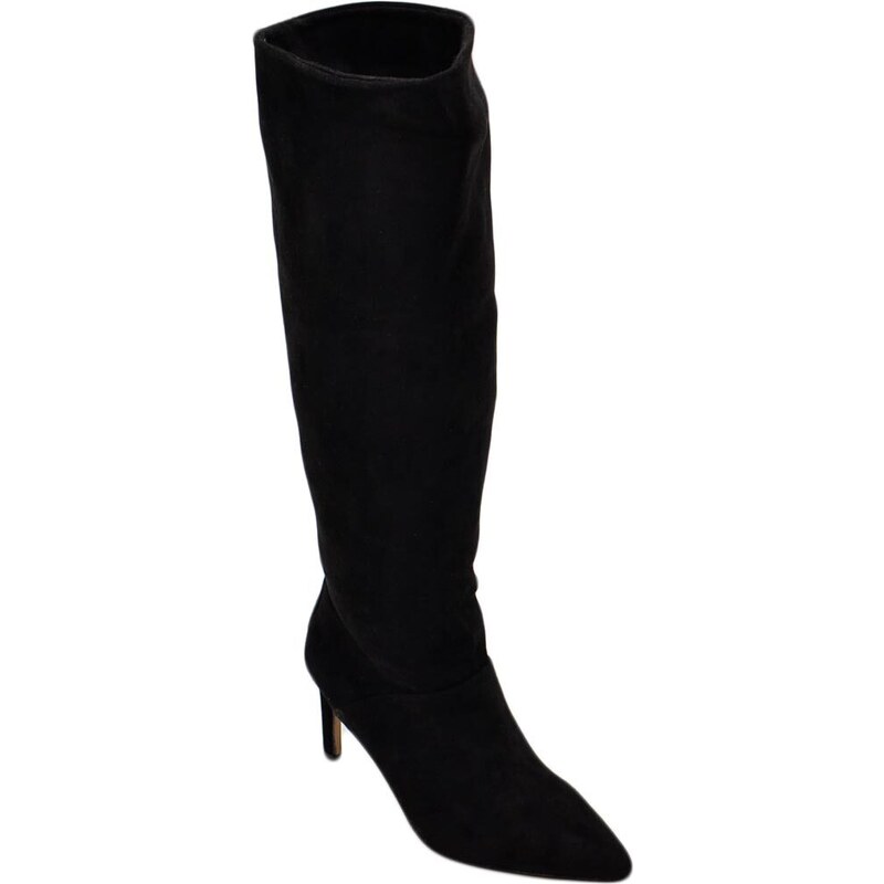 Corina Stivali alti donna al ginocchio in ecopelle scamosciata nero punta tacco spillo 6 cm zip lunga morbido moda linea Basic