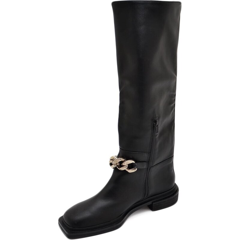Corina Stivali donna a punta quadrata nero gambale morbido al ginocchio tacco quadrato basso 3 cm con catena argento con zip