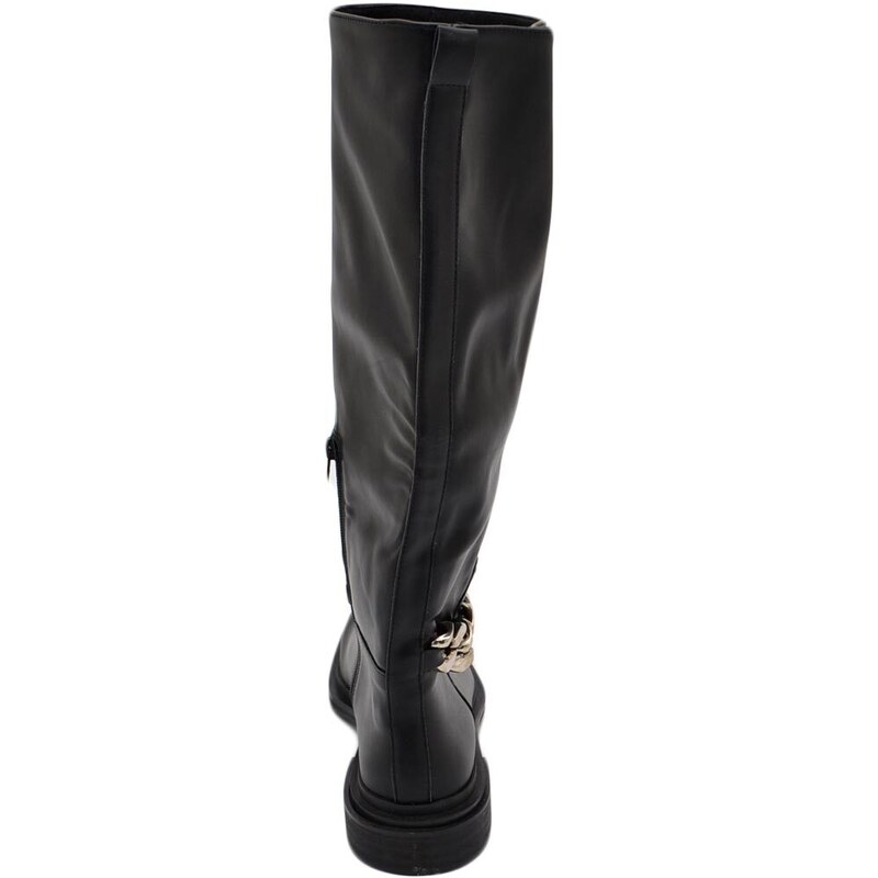 Corina Stivali donna a punta quadrata nero gambale morbido al ginocchio tacco quadrato basso 3 cm con catena argento con zip