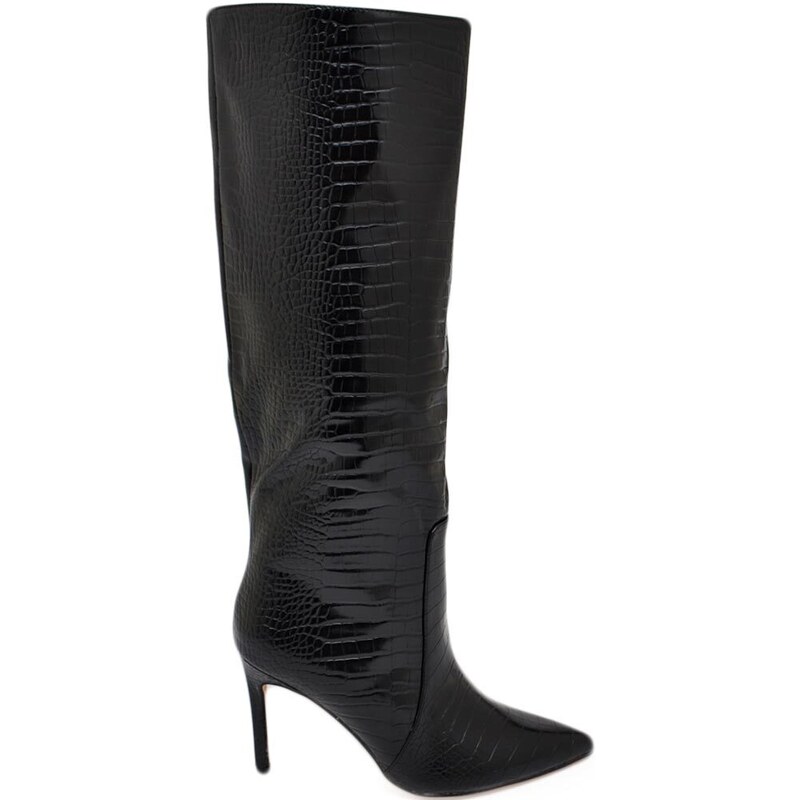 Malu Shoes Stivali donna nero a punta tacco a spillo 12 lucido altezza ginocchio rigido con zip moda