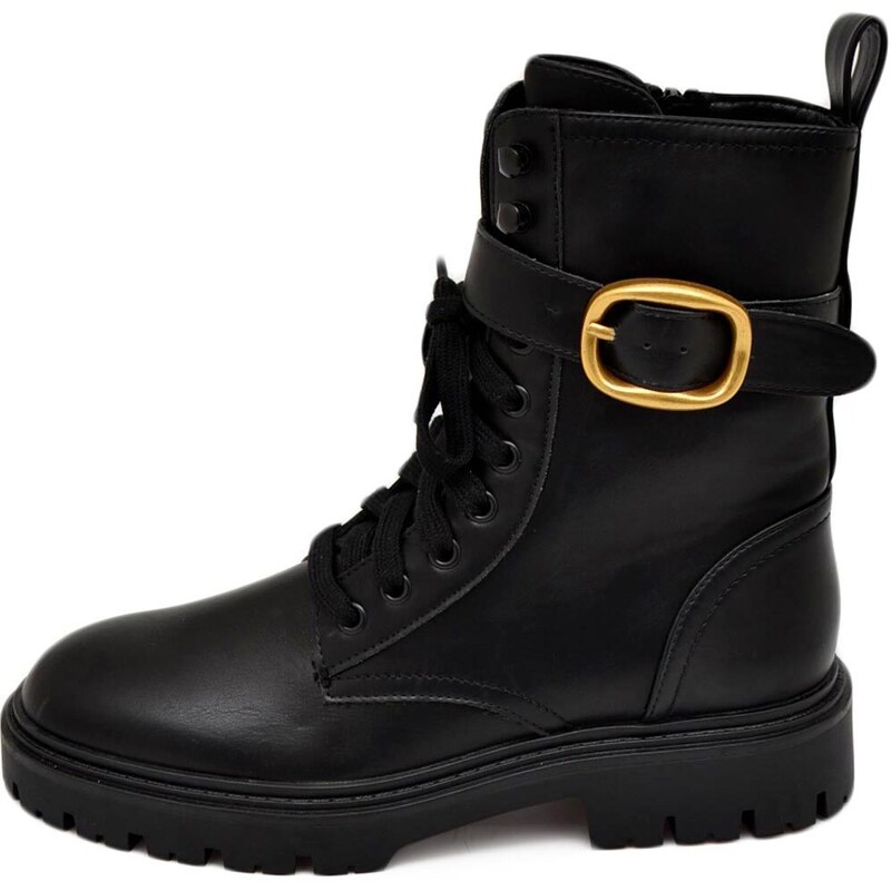 Malu Shoes Stivaletto anfibio scarpa donna nero fibbie oro e lacci fondo alto in gomma zigrinata con zip moda linea glamour