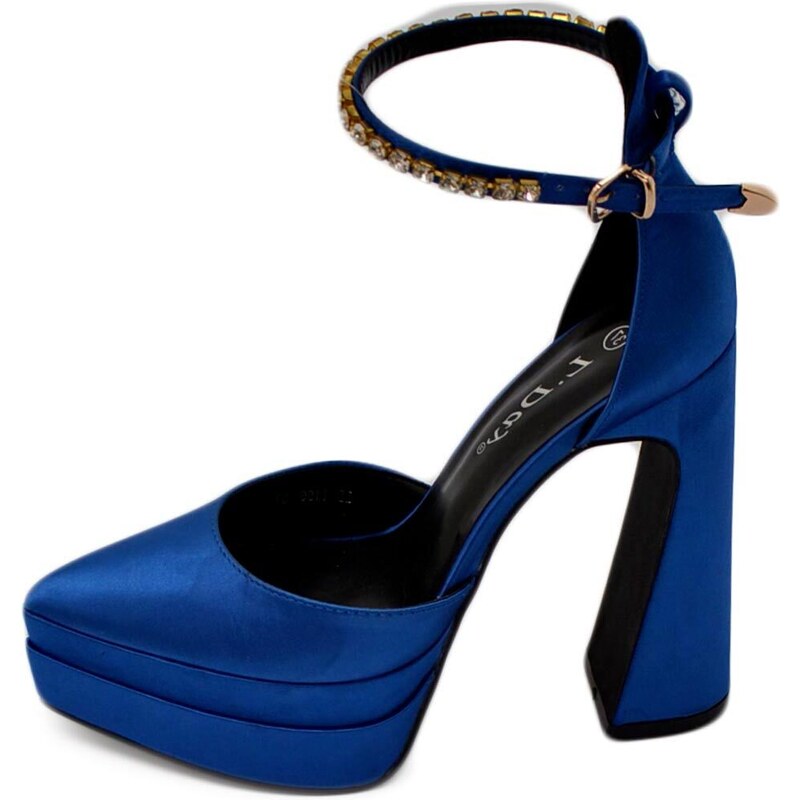 Malu Shoes Decollete' donna mary jane a punta in raso blu royal con plateau 4 cm e tacco largo 15 cinturino strass alla caviglia