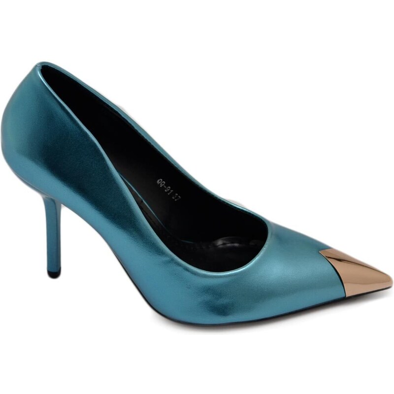 Malu Shoes Decolette' donna pelle matte azzurro verde effetto sirena con punta oro tacco 12 cm spillo