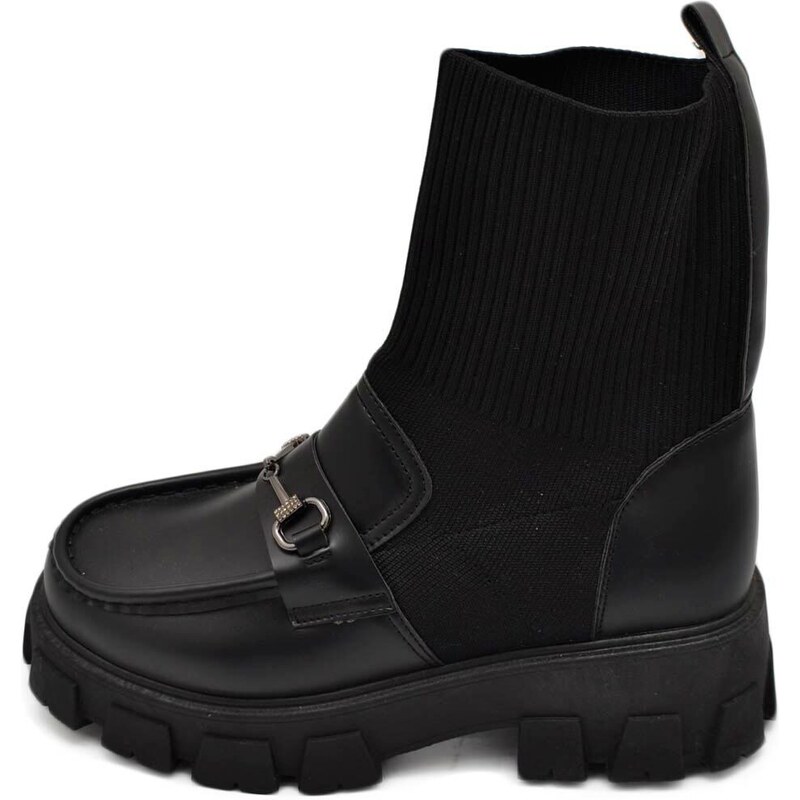 Malu Shoes Stivaletti donna chelsea boots combat effetto calzino e pelle nero fondo alto elastico morsetto argento made in italy