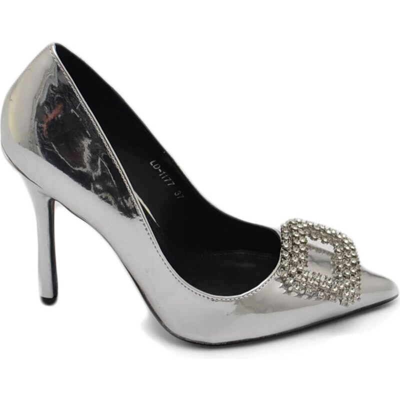 Malu Shoes Decolette' donna lucido specchio argento con gioiello spilla quadrato oro in punta tacco 12 cm spillo