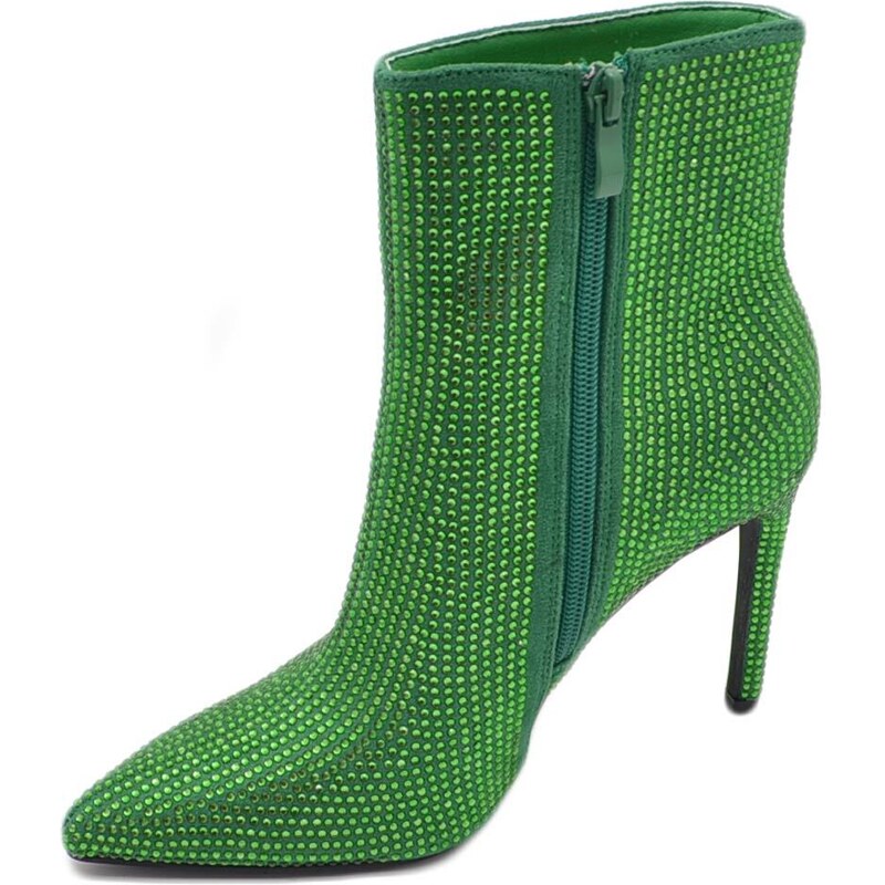 Malu Shoes Scarpa tronchetto mezzo stivaletto donna a punta verde con tacco 12 luccicante con strass zip elegante