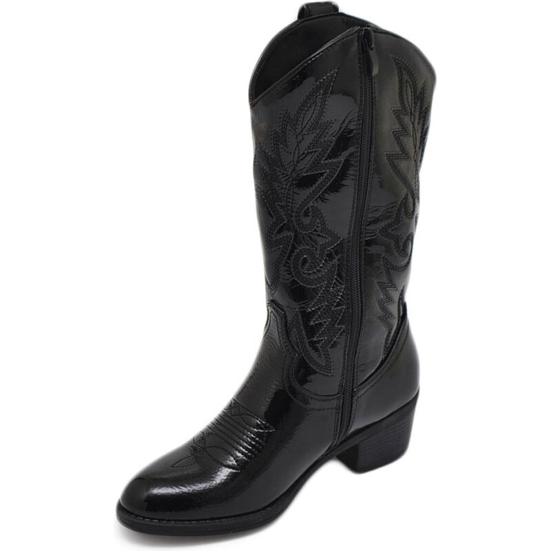 Malu Shoes Stivali donna camperos texani stile western neri con fantasia laser su ecopelle tinta unita lucida altezza polpaccio