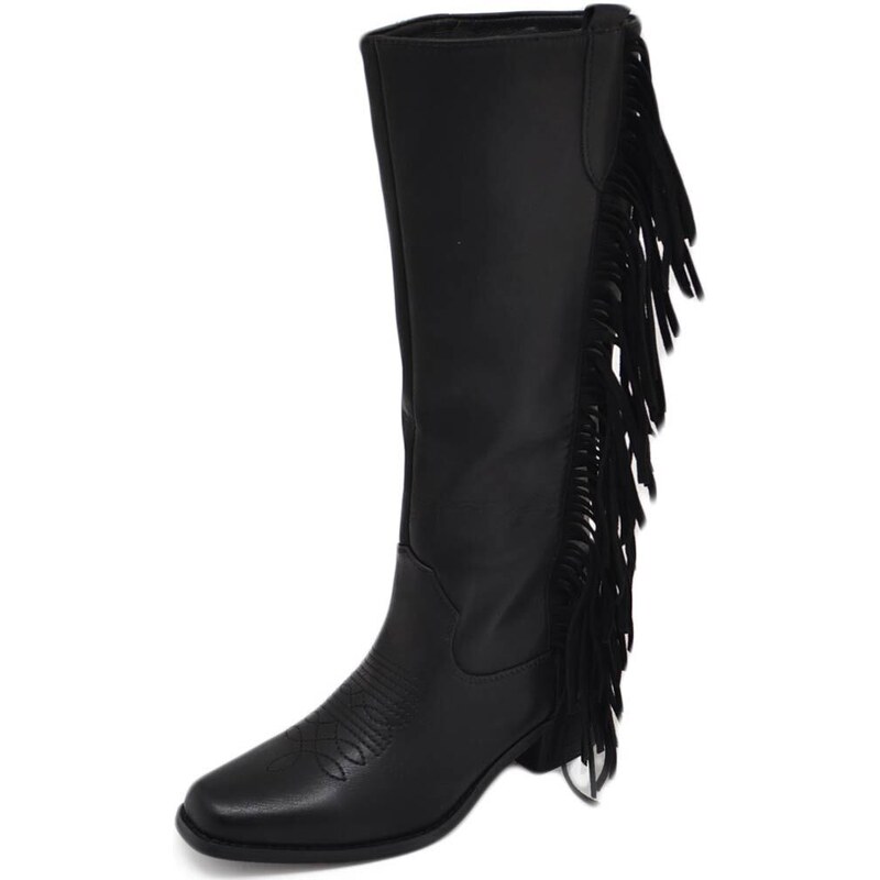 Malu Shoes Stivali donna camperos texani nero in ecopelle con frange western moda altezza polpaccio style mexico cowboy