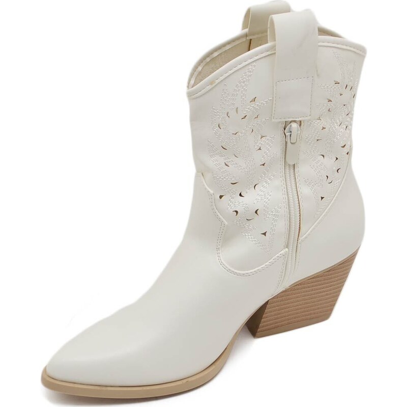 Malu Shoes Texano tronchetti donna camperos ecopelle bianco stivaletti con tacco largo comodo 5cm effetto laser alla caviglia zip