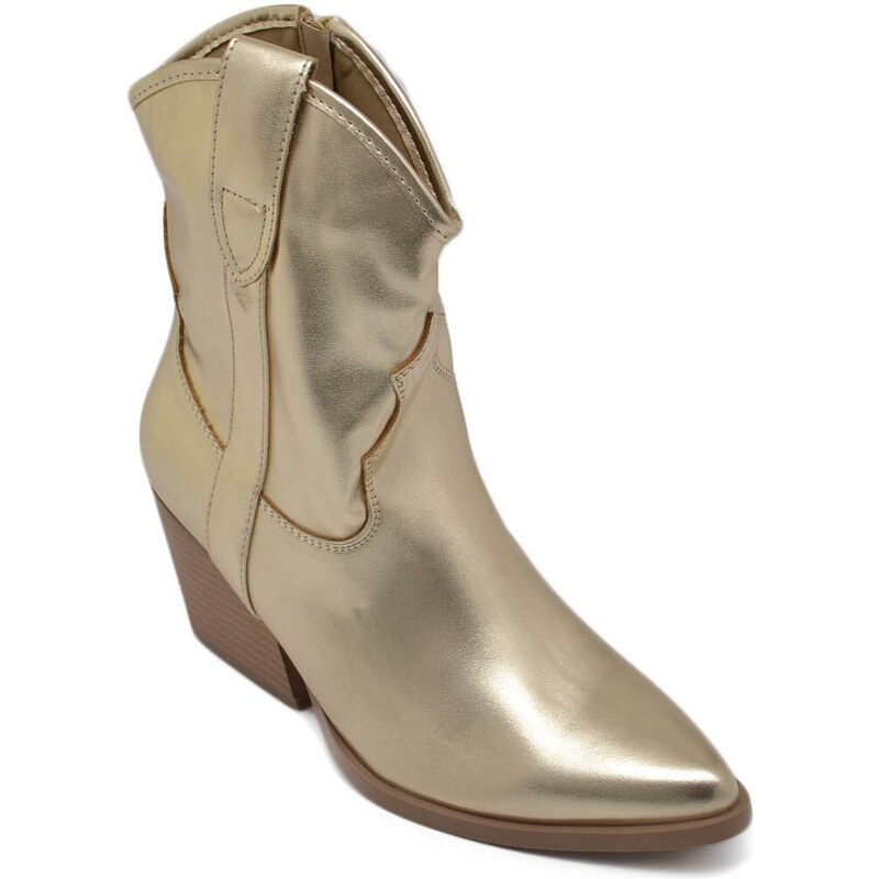 Malu Shoes Texano tronchetti donna camperos in vinile oro stivaletti con tacco largo comodo 5 cm liscio alla caviglia zip
