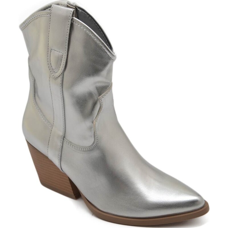 Malu Shoes Texano tronchetti donna camperos in vinile argento stivaletti con tacco largo comodo 5 cm liscio alla caviglia zip