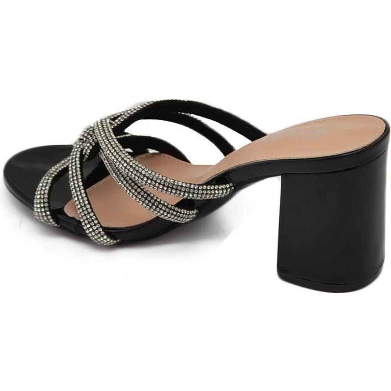 Malu Shoes Sandalo donna in vernice nero gioiello argento sabot mule aperto dietro con tacco grosso 7 cm incrociato sul piede