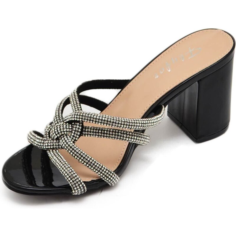 Malu Shoes Sandalo donna in vernice nero gioiello argento sabot mule aperto dietro con tacco grosso 7 cm incrociato sul piede