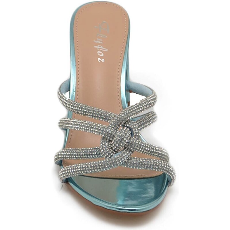 Malu Shoes Sandalo donna in vernice turchese gioiello argento sabot mule aperto dietro con tacco grosso 7 cm incrociato sul piede