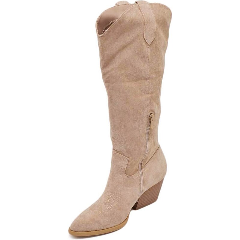 Malu Shoes Stivali camperos donna in camoscio beige taupe altezza ginocchio lisci tacco western 5 cm con zip