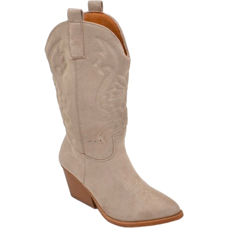 Malu Shoes Stivali texani camperos donna beige in camoscio con tacco western in legno 5 cm e cuciture in risalto moda tendenza