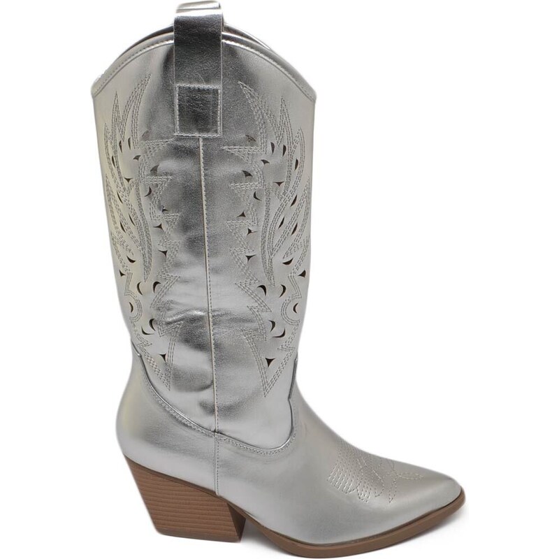 Malu Shoes Stivali donna camperos texani stile western forati estivi argento perlato tacco western 7 cm legno con zip laterale