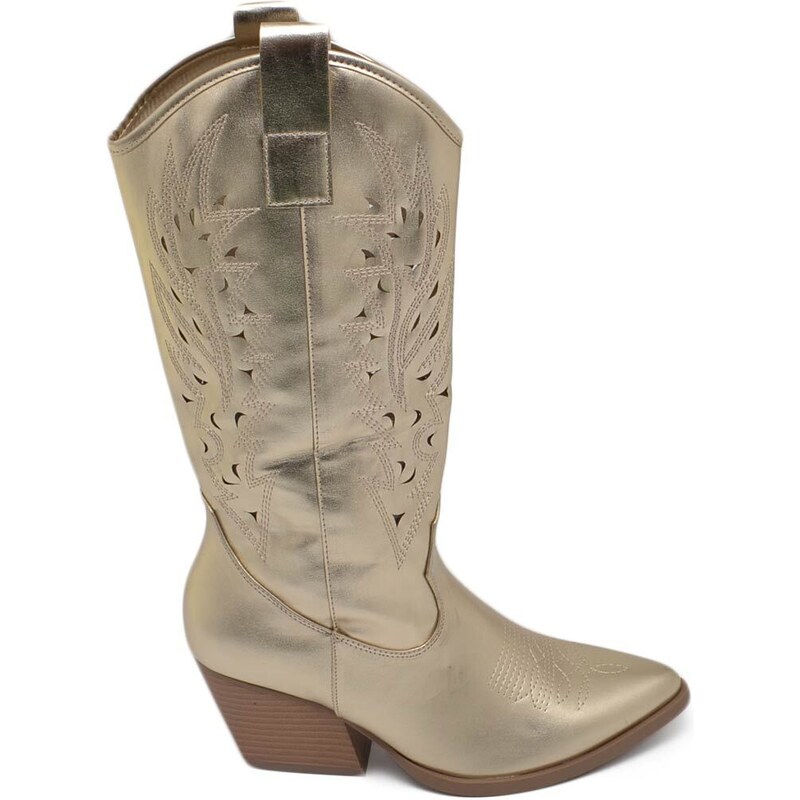 Malu Shoes Stivali donna camperos texani stile western forati estivi oro perlato tacco western 7 cm legno con zip laterale