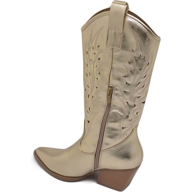 Malu Shoes Stivali donna camperos texani stile western forati estivi oro perlato tacco western 7 cm legno con zip laterale