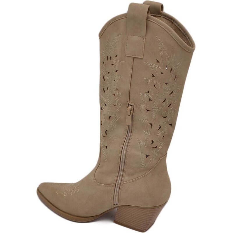 Malu Shoes Stivali donna camperos texani stile western forati estivi beige scamosciato tacco western 7 cm legno con zip laterale