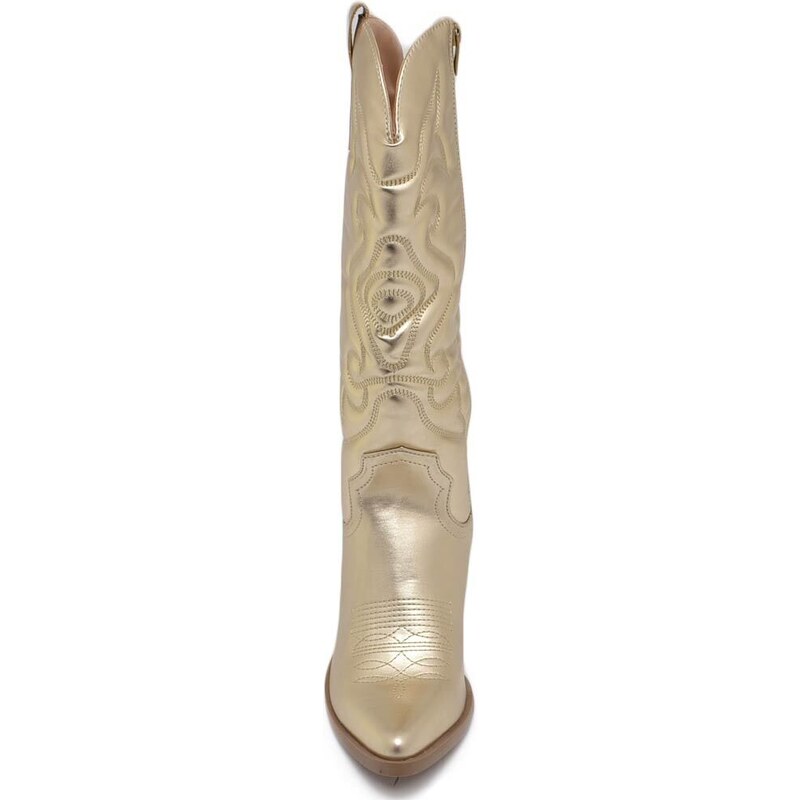 Malu Shoes Stivali donna camperos texani stile western dettagli laser oro perlato tacco western 7 cm con zip laterale