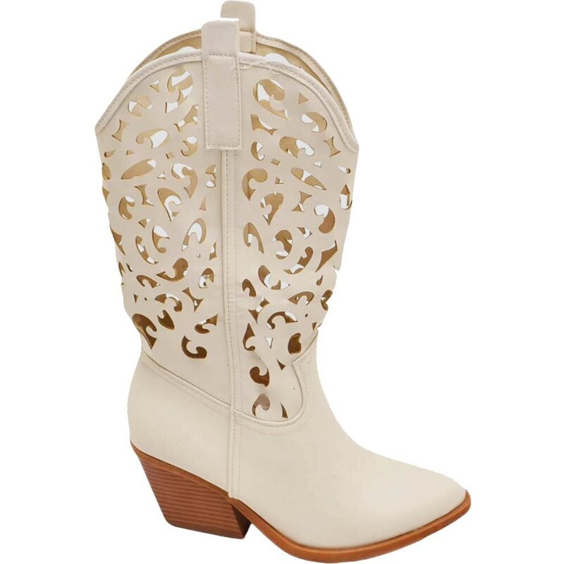 Malu Shoes Stivali donna camperos texani stile western beige con gambale traforato fantasia laser tacco altezza polpaccio