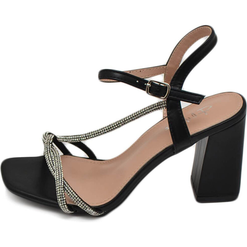 Malu Shoes Sandalo donna ecopelle nera gioiello argento sabot aperto dietro con chiusura caviglia tacco 7cm incrociato sul piede