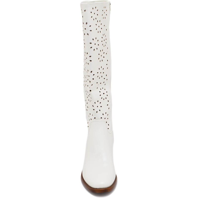 Malu Shoes Stivali donna alto punta tonda bianco gambale forato al ginocchio tacco basso con gomma antiscivolo moda elegante