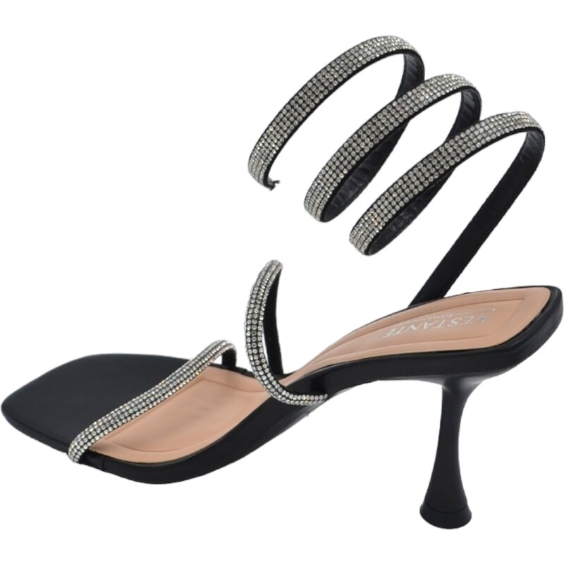 Malu Shoes Sandali donna gioiello nero con tacco 10 cm serpente rigido che si attorciglia alla gamba regolabile brillantini