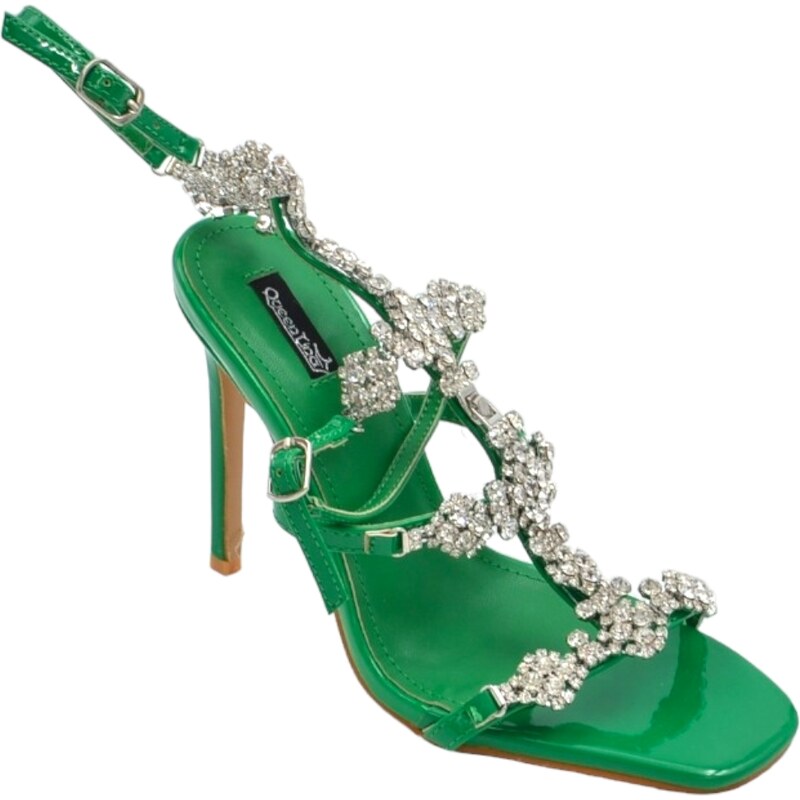 Malu Shoes Sandalo gioiello donna con tacco 12 verde inserti di strass luccicanti cinturino alla caviglia effetto piede nudo moda